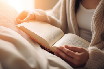 Fototapeta na wymiar Close up unrecognizable smart girl woman reading book literature in cozy bed bedroom warm sunny lights relaxation comfort read novel hobby relaxing in morning sunny room learning studying at home