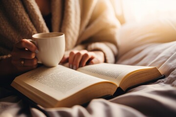 Close up unrecognizable girl woman reading book in cozy bed bedroom with warm coffee cup tea cocoa mug relaxation comfort read novel hobby relaxing in morning sunny room learning studying at home