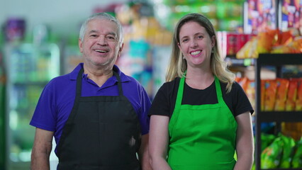 Portrait of two happy employees of supermarket business with smiling expressions. A senior caucasian male staff manager next to a middle-aged female worker.