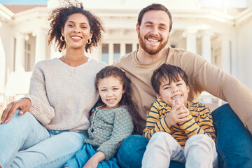 Family, portrait and parents with children relax on lawn, love and happiness with people outdoor. Man, woman and young kids with smile, parenting with trust and care, bonding in home garden together