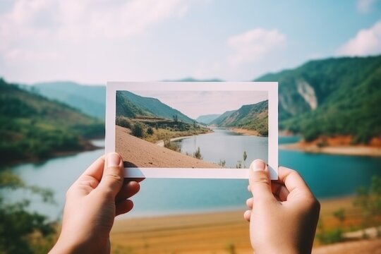 Close up hands unrecognizable experienced traveler tourist holding postcard photo exact place sightseeing natural landscapes nature green mountains blue lake memories vacation tourism picture nature