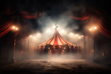 Circus tent with illuminations lights at night. Cirque facade. Festive attraction
