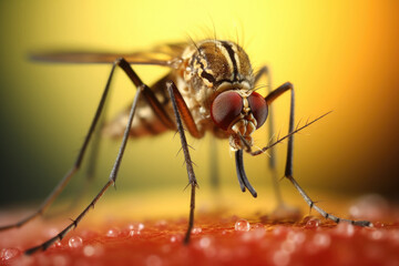 Fototapeta premium Mosquito on human skin, macro shot. Malarial mosquito that bites person and drinks blood. Spread of malaria and Zika virus