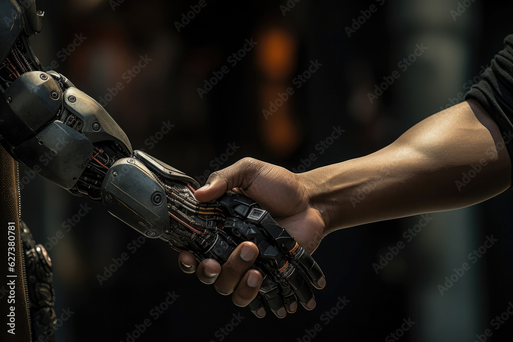 Wall mural robotic and human arms interact with each other. handshake between human and artificial intelligence