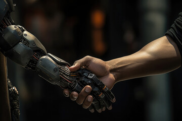 Robotic and human arms interact with each other. Handshake between human and artificial intelligence. Friendship and partnership of mankind and machines