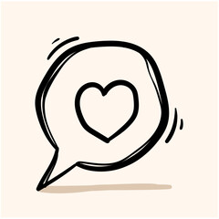 hand drawn bubble speech with red heart love inside symbol for Heart dialogue icon illustration doodle isolated