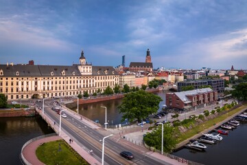 Aerial shot of Wroclaw at Odra river at sunrise in the summer.