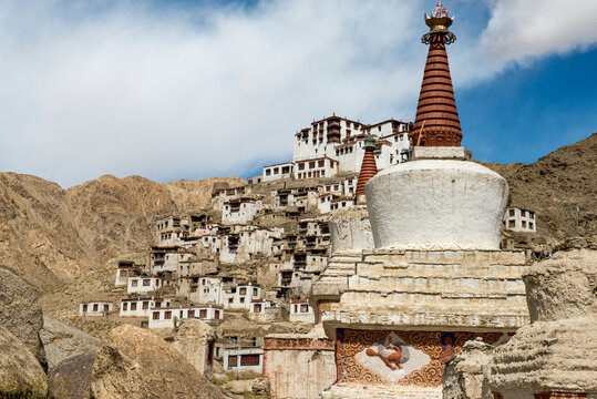Close-up of Stupas with mountainside building complex of the Tibetan Buddhist, Takthok Monastery at Sakti; Jammu and Kashmir, India