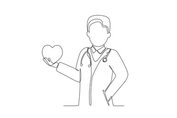 A doctor holds the heart. World heart day one-line drawing
