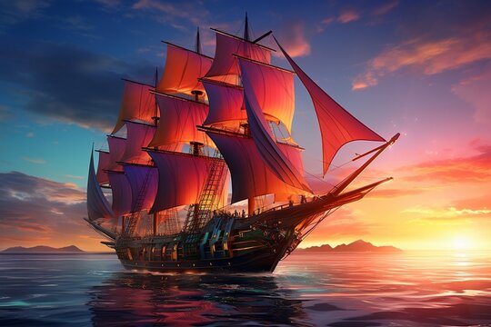 Futuristic Wind Powered Ship With Nostalgic Sunset in Retro Style, Ai Generative