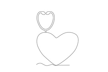 A heart with a stethoscope behind it. World heart day one-line drawing