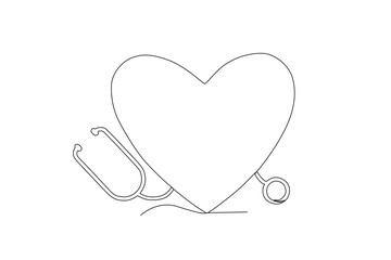 A stethoscope to check the heart. World heart day one-line drawing