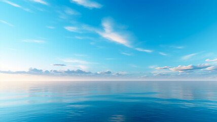 Fototapeta na wymiar Sublime arrière-plan pour présentation. Océan calme avec quelques nuages dans le ciel et lumière qui reflète sur l'horizon.
