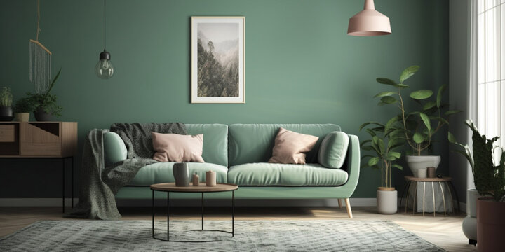 Interior of modern living room with accent coffee table, classical sofa and armchairs, room in green color, scandinavian design, bright light style, generated ai