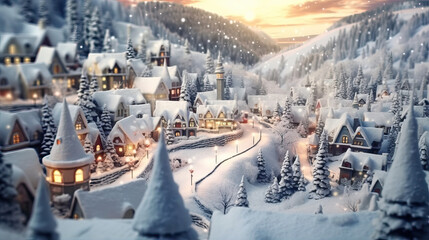 A wintry, snowy miniature village with illuminated windows. Winter and Christmas season concept motif.