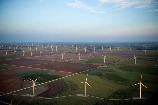 Aerial view of the wind turbines at the world's largest wind farm, Horse Hollow Wind Energy Center in Texas, USA; Abilene, Texas, United States of America