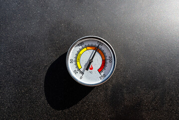 A round thermometer showing 150 degrees Celsius placed on a charcoal grill.