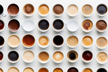 Obraz na płótnie Canvas Top view of different mugs with assorted coffee varieties isolated on white background. Wallpaper with a variety of coffee drinks in mugs. 3d render illustration style. 