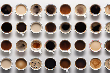 Obraz na płótnie Canvas Top view of different mugs with assorted coffee varieties isolated on white background. Wallpaper with a variety of coffee drinks in mugs. 3d render illustration style. 