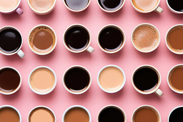 Obraz premium Top view of different mugs with assorted coffee varieties isolated on pastel pink background. Wallpaper with a variety of coffee drinks in mugs. 3d render illustration style. 