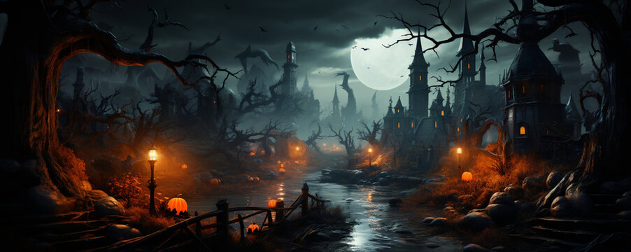 3D Cartoon Illustration of scary pumpkins in some creepy woods, Halloween Concept