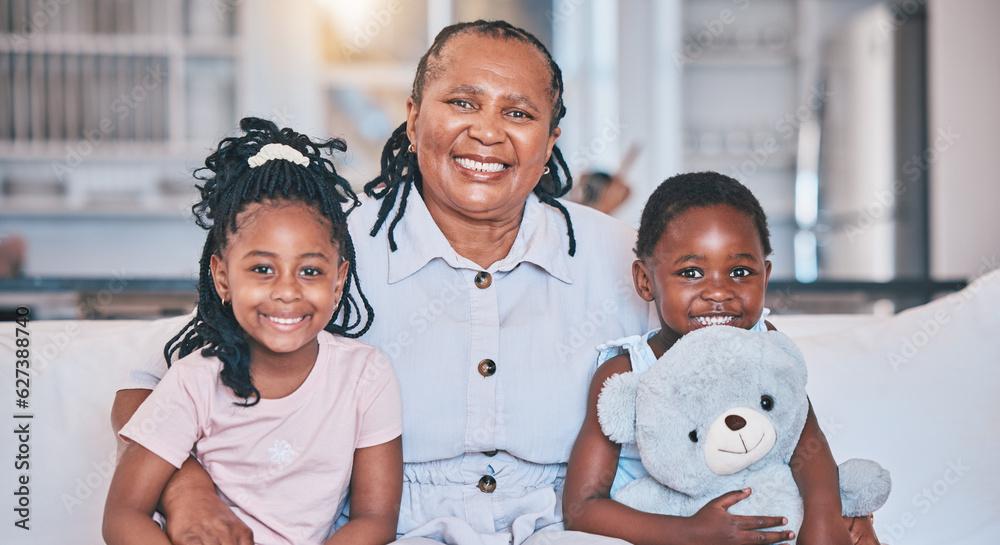 Sticker Portrait, black children and senior grandmother on sofa with happiness or quality time with care. Love, kid and happy face with elderly female in family home with smile on couch for bond in lounge.