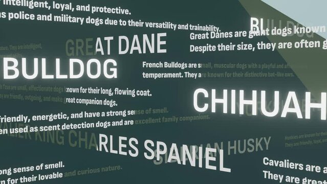 Dog breeds. Looped animated background with running lines of words about dog breeds with a small description.