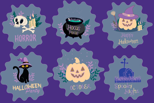 Halloween stickers cartoons set design. Halloween Cat, pumpkin, skull, tombstone. Graphic images for posters, posters, flyers