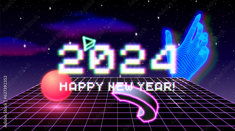 Aufkleber 2024 New Year sign with glitched glowing pixels and abstract 90s styled composition of 3D shapes. Winter holiday and year change symbol.