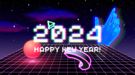 2024 New Year sign with glitched glowing pixels and abstract 90s styled composition of 3D shapes. Winter holiday and year change symbol.