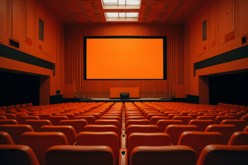 Fototapeta premium Imbued with an orange tint, this cinema theater creates a rich, atmospheric ambiance evocative of the grandeur of film.