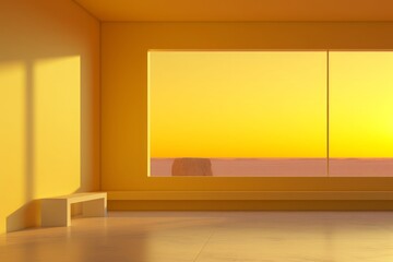 A minimalist interior basks in the golden glow of sunset streaming through yellow windows, evoking an ambiance of serene tranquility.
