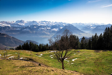 Amazing view of Lucerne lake (Vierwaldstattersee), Bürgenstock and mountain Pilatus from Rigi,...