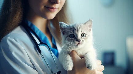 female vet examining a kitten with stethoscope in vet clinic. stock photo 