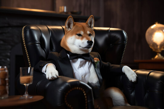 Shiba Inu sitting in a leather chair drinking whiskey wear, dog and cat sitting on sofa