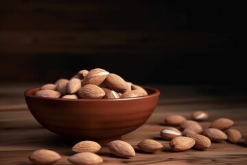 Almonds in a bowl on wooden background, healthy foods concept generative ai