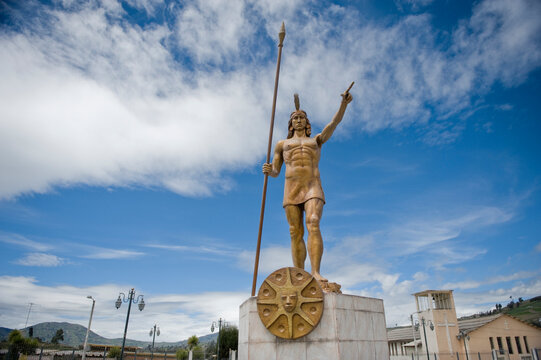 Statue of a warrior with spear on the road from Quito to Limon; Ecuador