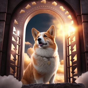 welsh corgi in a heaven gate in the sky, dog on the peak