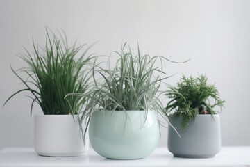 Bright and fresh green plants in flower pots on a white background.