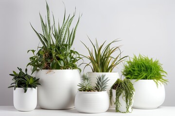 Obraz premium Home green plants in white pots on a white background.