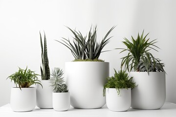 Beautiful group of green cacti and succulents in decorative white pots on a white background.