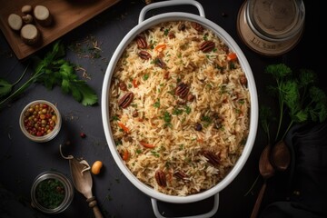 Appetizing-looking pilaf, viewed from above, inviting viewers to imagine the taste and aroma of this traditional dish.