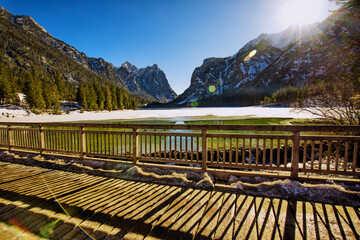 Lago di Dobbiaco (Toblacher See) lake in Dolomites, Toblach, South Tyrol, Italy, Europe. 