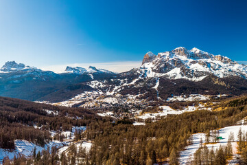 Dolomity superski mountain resort with torri del sella, piz boe and sella ronda, Canazei, Italy, Europe.  