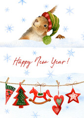 Happy New Year card with a funny smiling squirrel with a knitted hat, snow, snowflakes and a garland with Christmas decor hand drawn in watercolor on a white background. Greeting card © Tatiana