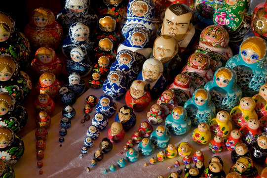 Nesting dolls arrayed at a booth on Red Square in Moscow, Russia; Moscow, Russia