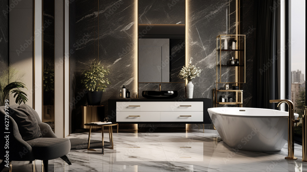 Wall mural modern bathroom interior, black marble