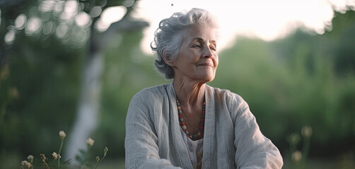 Portrait of an attractive elderly woman 80 years old with gray hair, serene and peaceful atmosphere, cinematic frame. The concept of the international day of older persons.