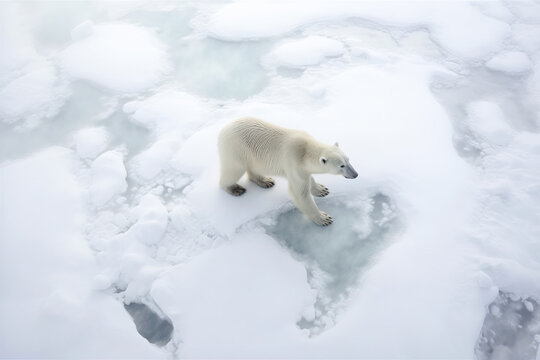 View from above of a Stunning polear bear in the frozen artic . Amazing Wildlife. Generative Ai