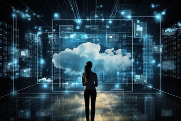 Cloud Computing Concept, Black Silhouette of a Businesswoman